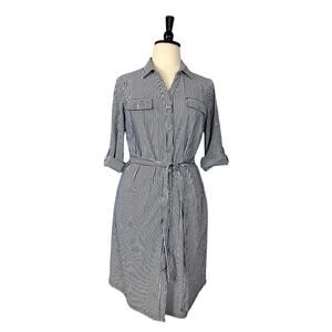 Mlle Gabrielle Shirtdress Belted Tabbed Sleeve Black Stripe Women’s Size Plus 2X